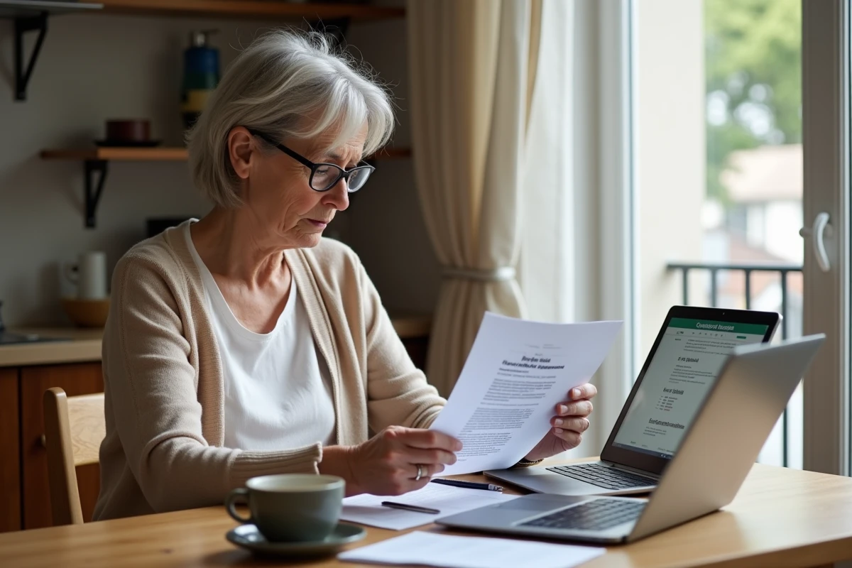 Femme relisant une lettre de refus de la CPAM à domicile avec un ordinateur pour contester son dossier
