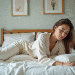 Jeune femme relaxee dans son lit avec linge coton et decor paisible