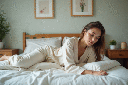 Jeune femme relaxee dans son lit avec linge coton et decor paisible