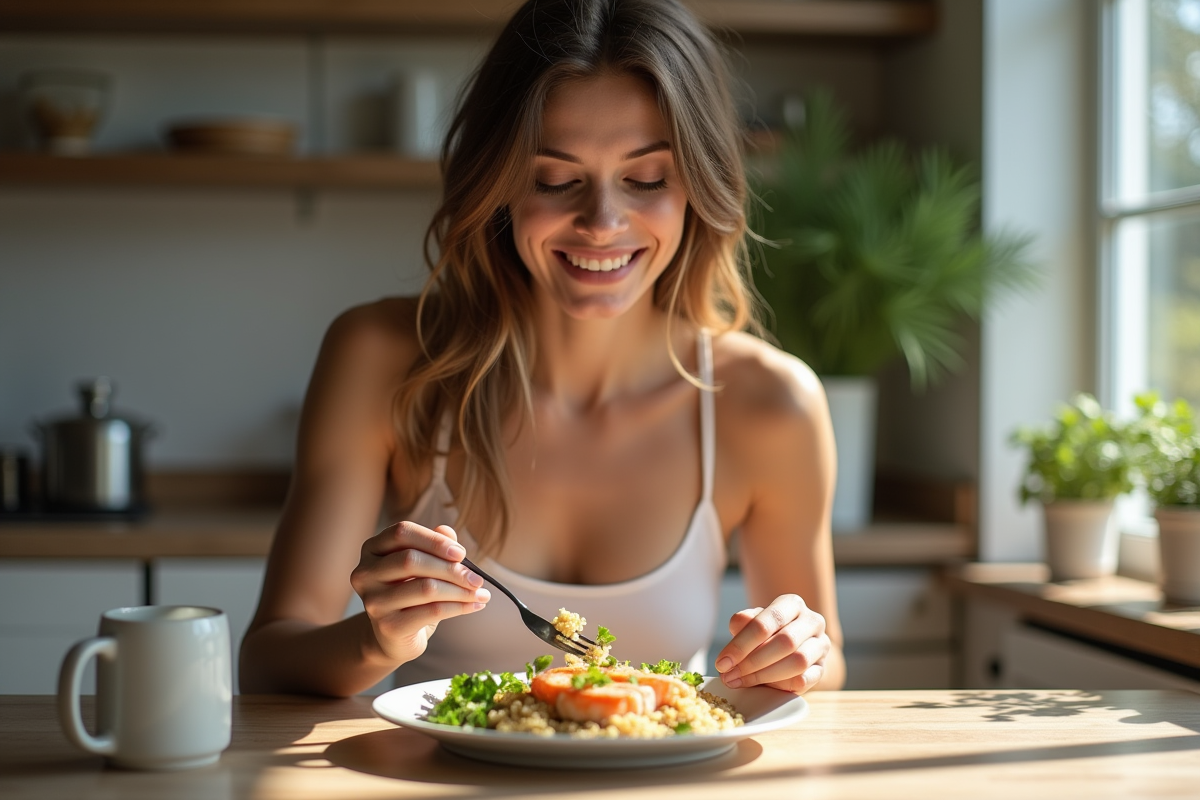 Jeune femme dégustant un repas sain dans une cuisine moderne