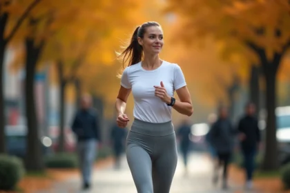 Femme marchant 10000 pas par jour en tenue de sport dans une rue arborée en automne avec un tracker de fitness au poignet