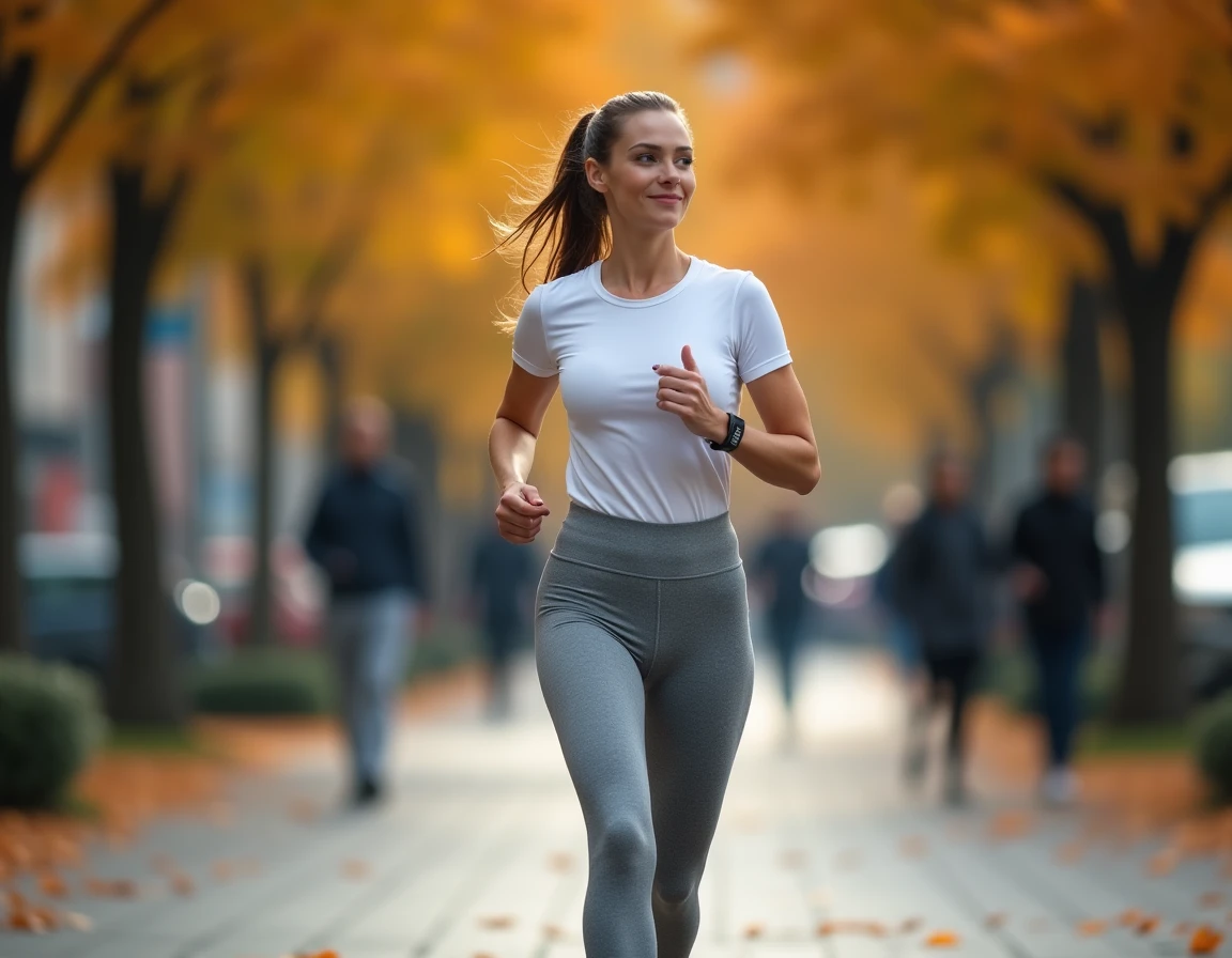 Femme marchant 10000 pas par jour en tenue de sport dans une rue arborée en automne avec un tracker de fitness au poignet