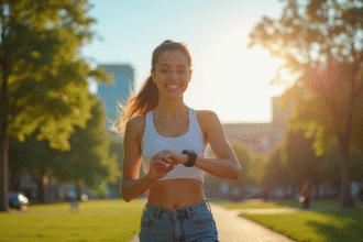 Jeune femme marchant dans un parc ensoleille avec sa montre connectee
