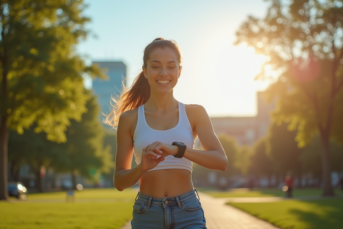 Jeune femme marchant dans un parc ensoleille avec sa montre connectee