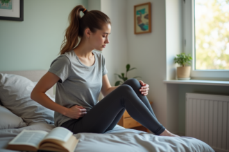 Femme assise sur le lit se massant la cuisse dans une chambre chaleureuse