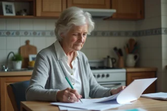 Femme d'âge moyen examinant des documents médicaux à la maison