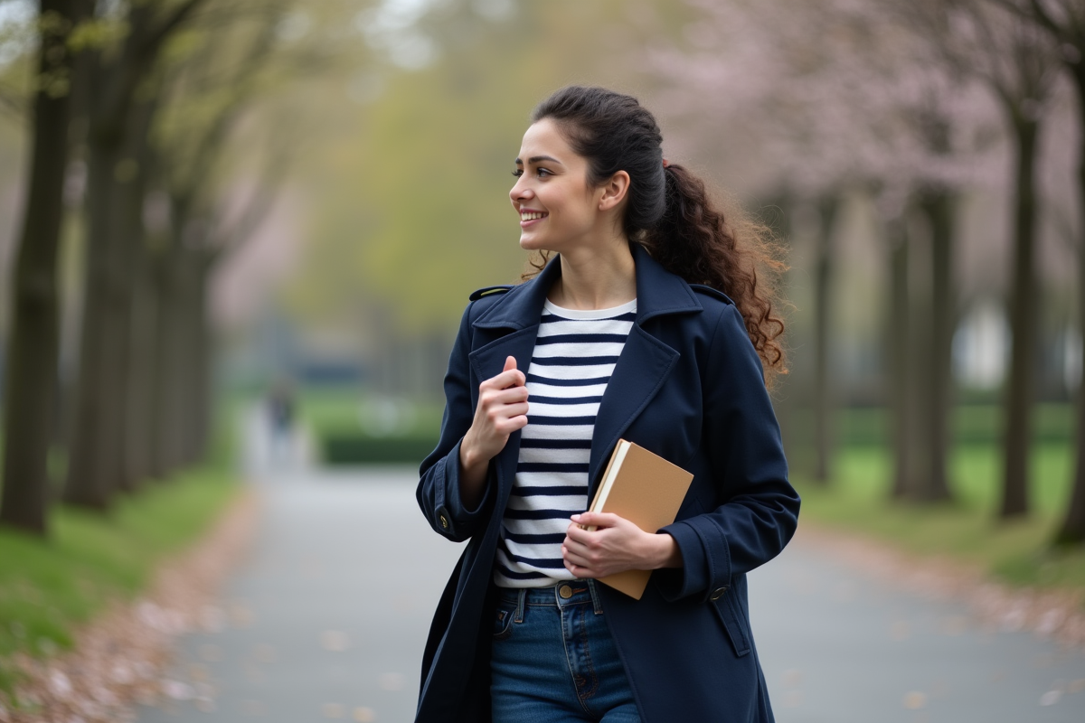 Jeune femme dans un parc urbain au printemps