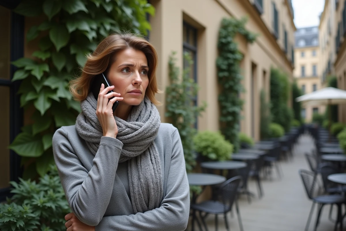 Femme parlant au téléphone dans une cour parisienne
