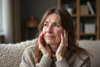 Femme d'une quarantaine examinant sa peau sèche visage