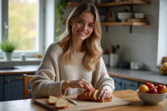 Femme souriante préparant du pain de seigle au petit déjeuner