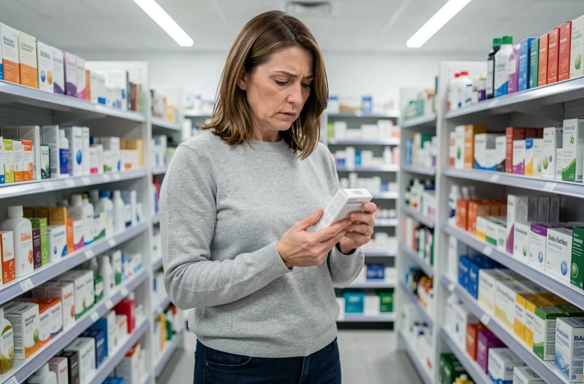 Femme d'âge mûr lisant une boîte de produit en pharmacie, cherchant une solution à un inconfort intime récurrent