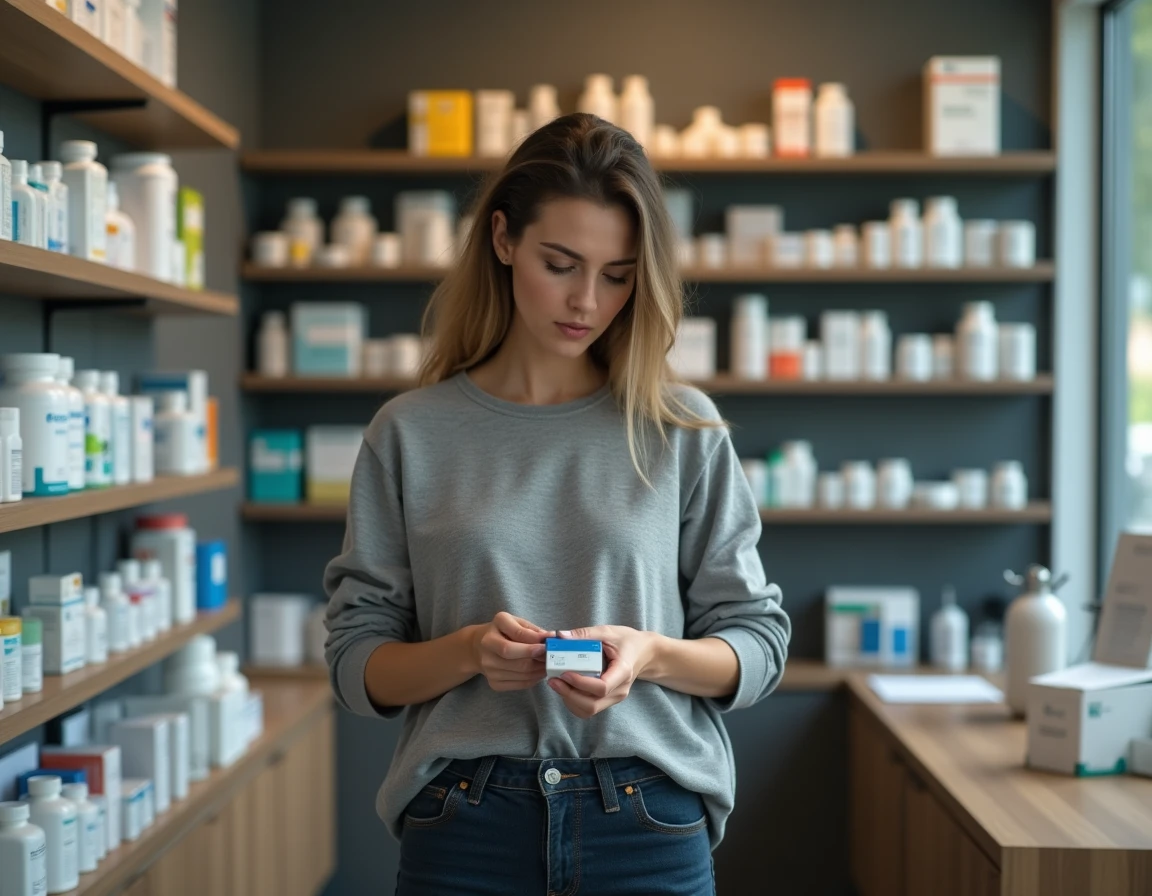 Femme en pharmacie lisant la notice d'un médicament pouvant affecter les enzymes hépatiques comme la GGT