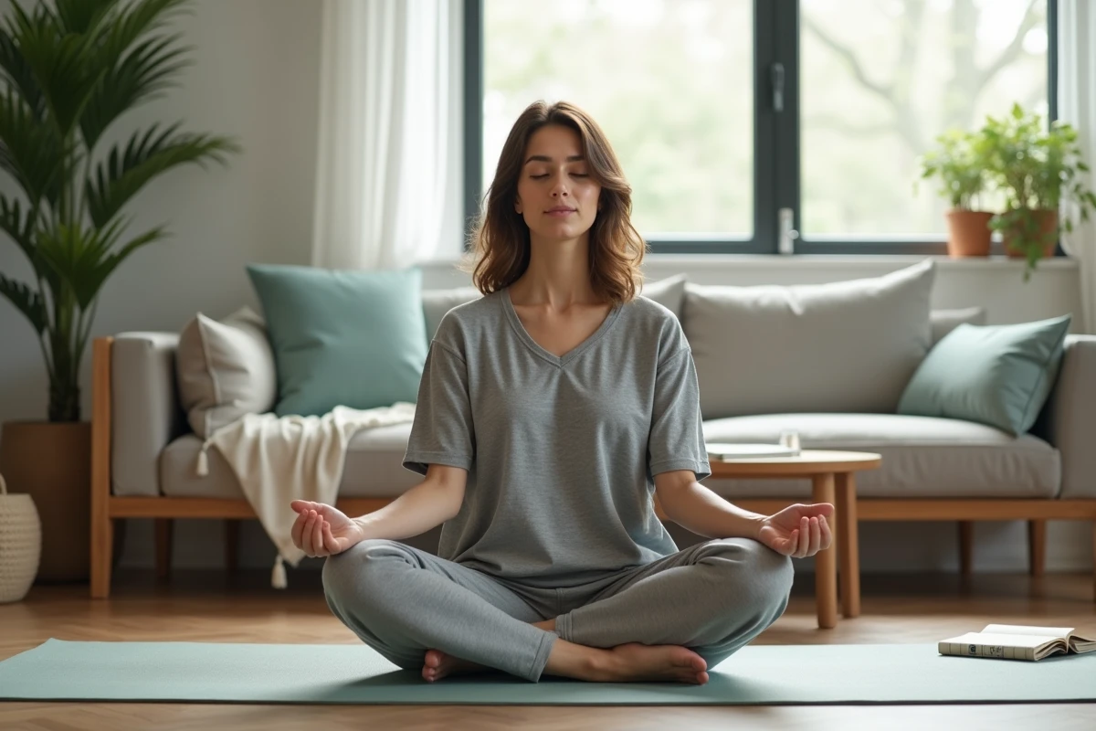 Femme pratiquant la pleine conscience à la maison comme habitude quotidienne pour perdre du poids