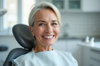 Femme souriante portant une prothèse dentaire clipsée dans un cabinet dentaire moderne