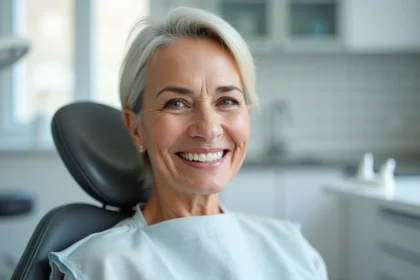 Femme souriante portant une prothèse dentaire clipsée dans un cabinet dentaire moderne