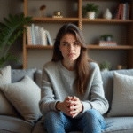 Femme assise sur un canapé dans un appartement cosy