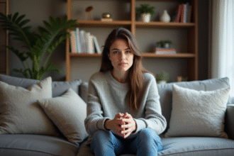 Femme assise sur un canapé dans un appartement cosy