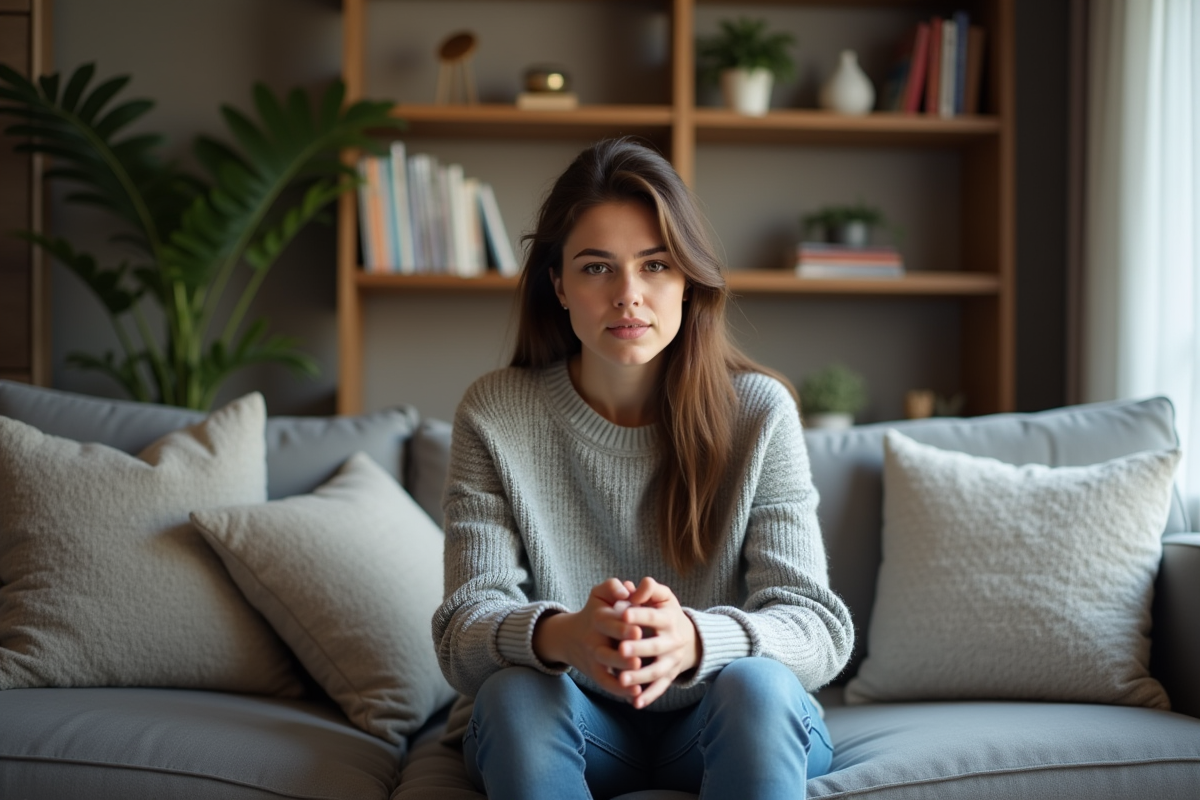 Femme assise sur un canapé dans un appartement cosy