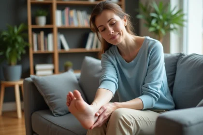 Femme en détente pressant son pied lors d'une séance de réflexologie