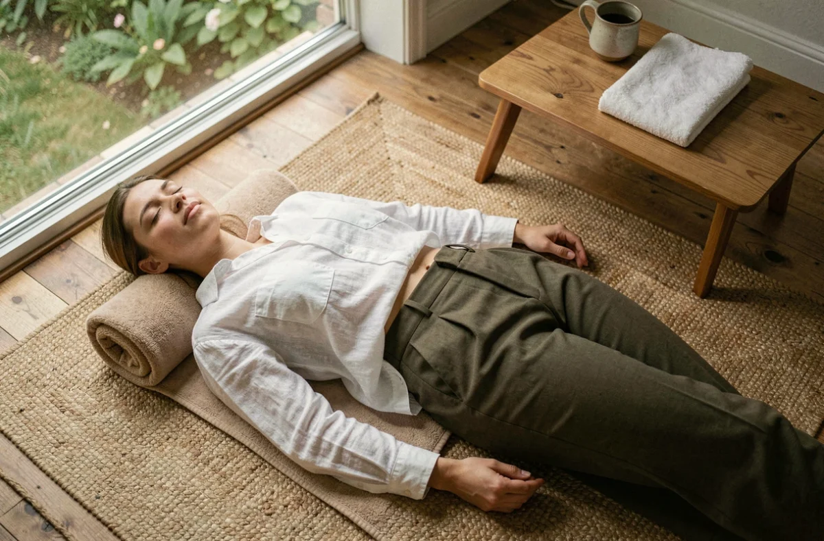 Femme allongée avec un coussin sous le sacrum pratiquant une posture de relaxation pour soulager les douleurs pelviennes et les crampes menstruelles