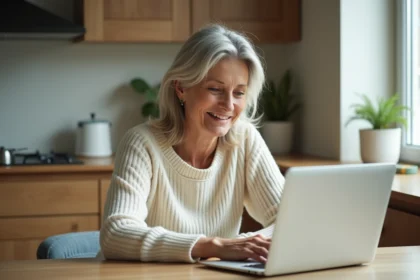 Femme détendue souriante sur fond cuisine moderne