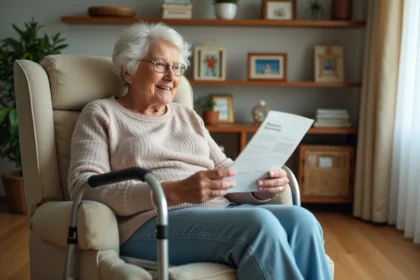 Femme âgée lisant un dépliant de récupération à la maison