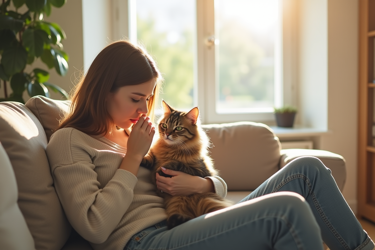Jeune femme dans un salon lumineux avec un chat