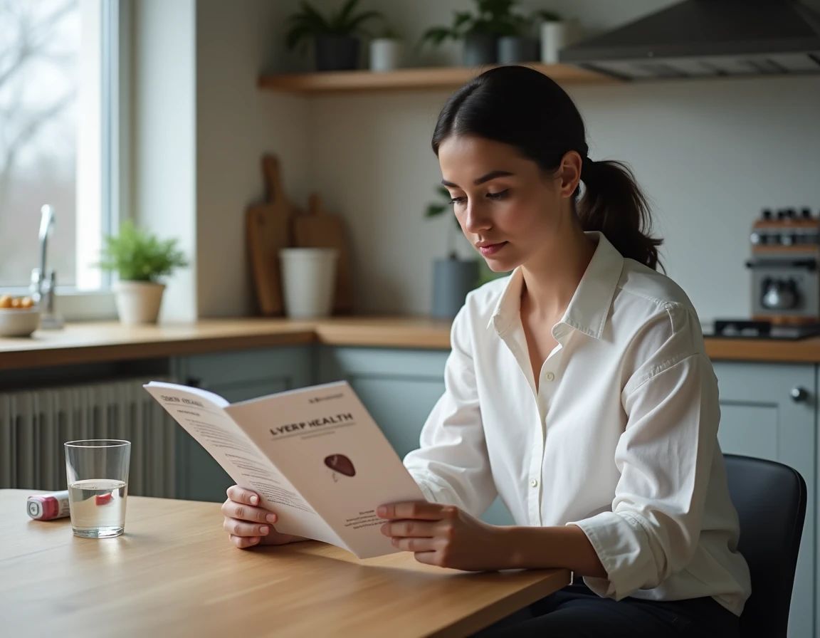Femme lisant une brochure sur la santé du foie et la GGT élevée sans consommation d'alcool