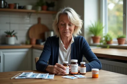 Femme d'âge moyen avec probiotiques dans la cuisine