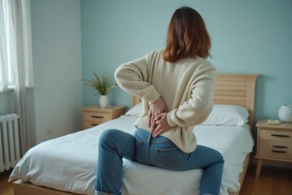 Femme d'âge moyen assise sur le lit avec douleur au dos