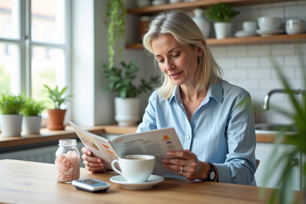 Femme d'âge mûr lisant un magazine santé avec du sel rose de l'Himalaya et un tensiomètre sur la table, questionnant les bienfaits pour l'hypertension