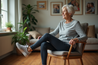 Femme senior faisant une extension de jambe assise dans un salon