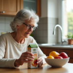 Femme senior lisant un carton de boisson nutritive à la cuisine