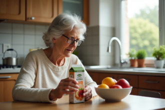 Femme senior lisant un carton de boisson nutritive à la cuisine