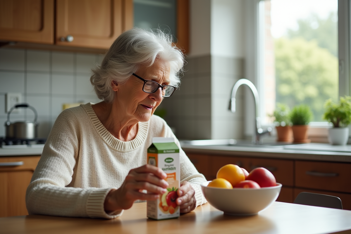 Femme senior lisant un carton de boisson nutritive à la cuisine