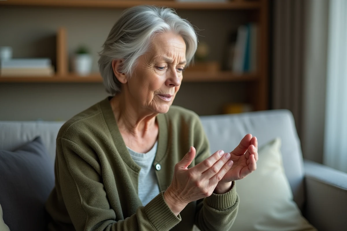 Femme senior inspectant sa paume gauche dans son salon, symptômes de picotements et démangeaisons