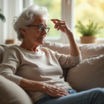 Femme senior pensive dans son salon en lumière naturelle