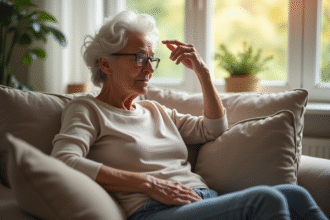 Femme senior pensive dans son salon en lumière naturelle
