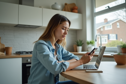 Jeune femme avec smartphone dans une cuisine moderne