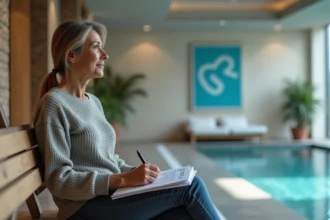 Femme d'âge moyen dans un spa thermal avec documents médicaux