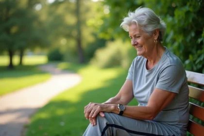 Femme d'âge moyen en tenue de sport souriante dans un parc
