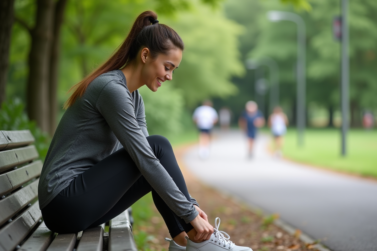 Femme sportive attachant ses chaussures dans un parc