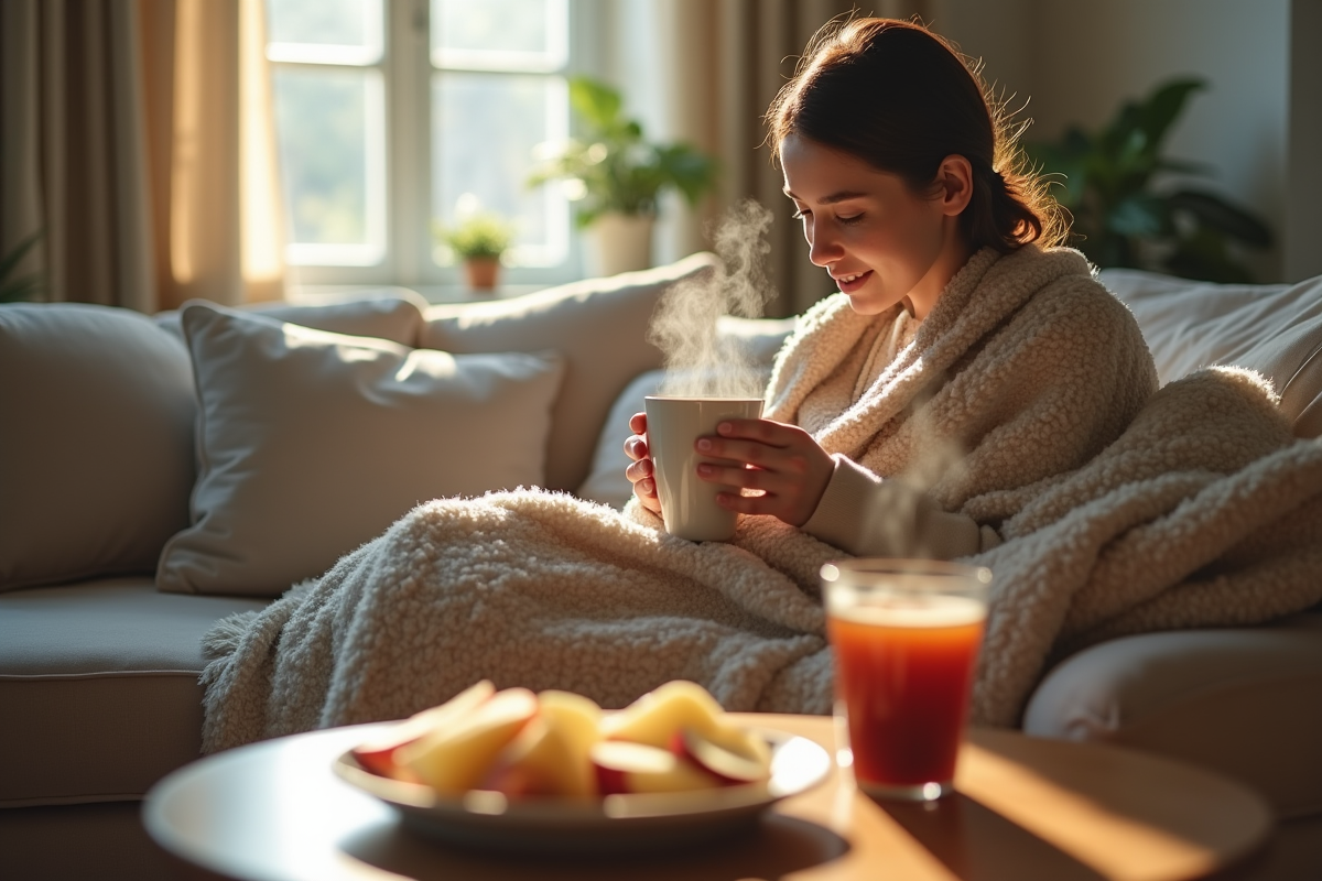 Femme avec tasse de tisane sur canapé en journée lumineuse