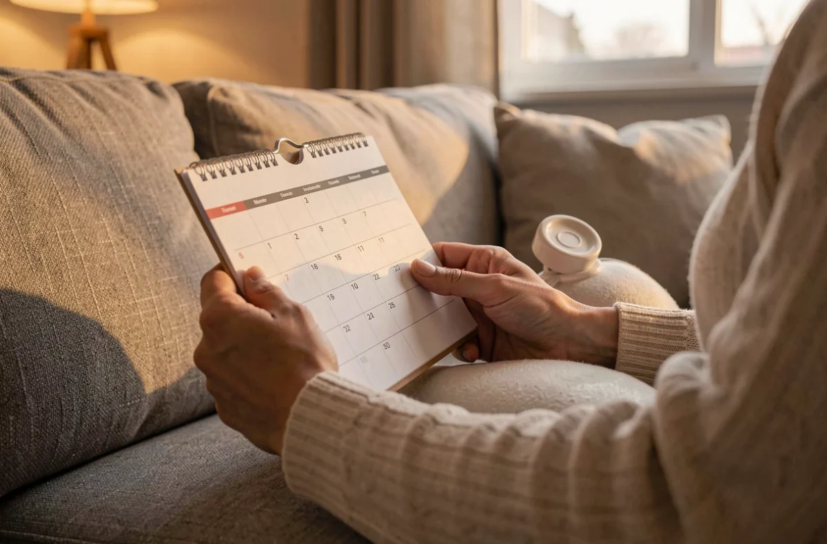 Femme tenant une bouillotte et un calendrier pendant ses règles