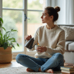 Femme dans son salon versant du thé aux herbes