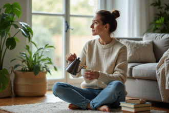 Femme dans son salon versant du thé aux herbes