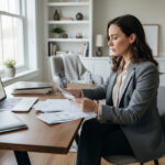 Femme en milieu professionnel examinant des documents médicaux