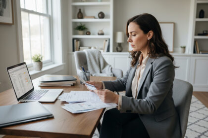Femme en milieu professionnel examinant des documents médicaux