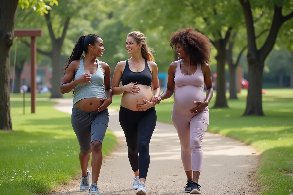 Groupe de femmes enceintes marchant dans un parc en ville