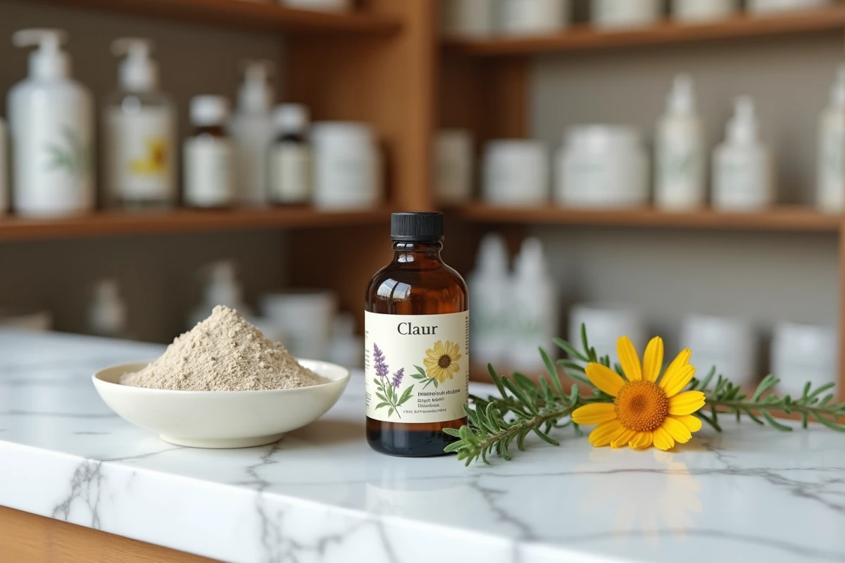 Flacon de Phytargile concentré posé sur un comptoir de pharmacie entouré d'argile et de plantes médicinales séchées